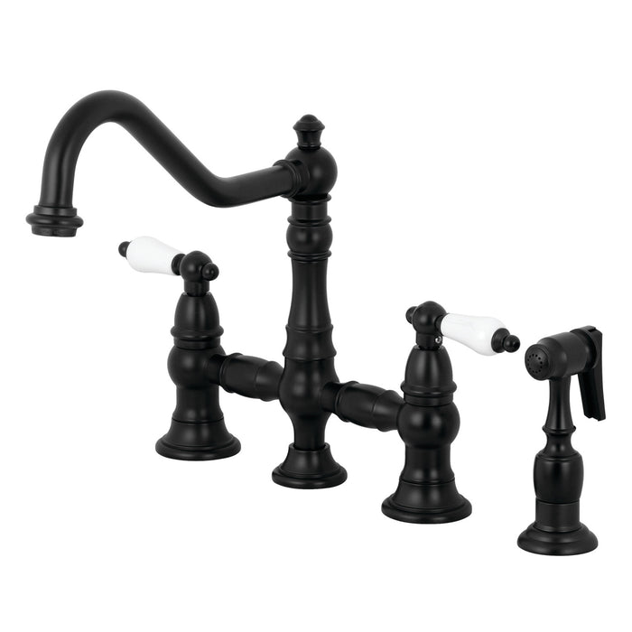 Kingston Heirloom KS3270PLBS - Restoration Two-Handle 4-Hole Deck Mount Bridge Kitchen Faucet with Brass Sprayer, Matte Black