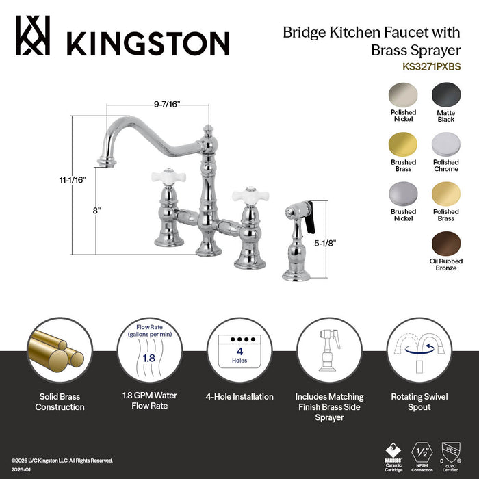 Kingston Heirloom KS3270PXBS - Restoration Two-Handle 4-Hole Deck Mount Bridge Kitchen Faucet with Brass Sprayer, Matte Black