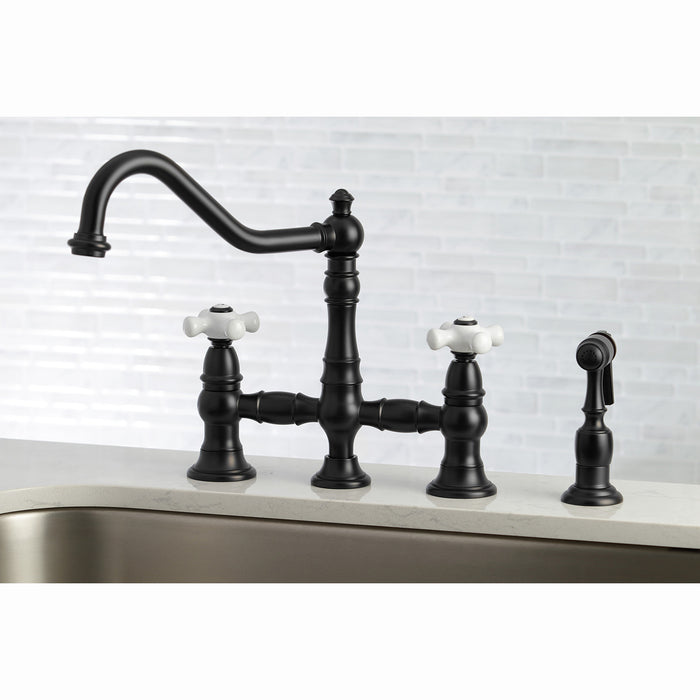 Kingston Heirloom KS3270PXBS - Restoration Two-Handle 4-Hole Deck Mount Bridge Kitchen Faucet with Brass Sprayer, Matte Black