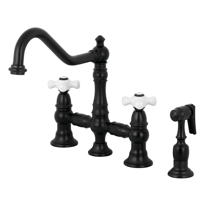 Kingston Heirloom KS3270PXBS - Restoration Two-Handle 4-Hole Deck Mount Bridge Kitchen Faucet with Brass Sprayer, Matte Black