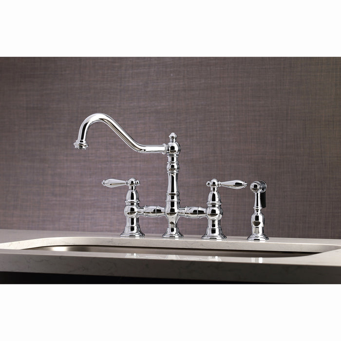 Kingston Heirloom KS3271ALBS - Restoration Two-Handle 4-Hole Deck Mount Bridge Kitchen Faucet with Brass Sprayer, Polished Chrome