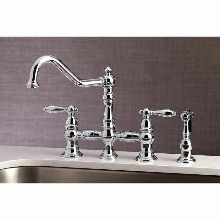 Kingston Heirloom KS3271ALBS - Restoration Two-Handle 4-Hole Deck Mount Bridge Kitchen Faucet with Brass Sprayer, Polished Chrome