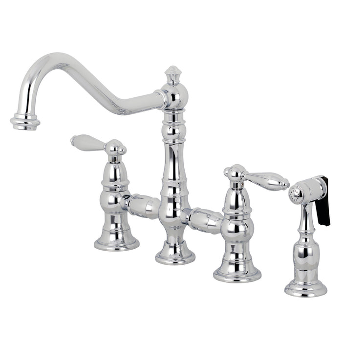 Kingston Heirloom KS3271ALBS - Restoration Two-Handle 4-Hole Deck Mount Bridge Kitchen Faucet with Brass Sprayer, Polished Chrome