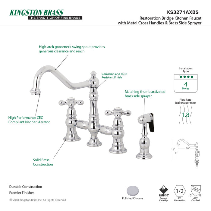 Kingston Heirloom KS3271AXBS - Restoration Two-Handle 4-Hole Deck Mount Bridge Kitchen Faucet with Brass Sprayer, Polished Chrome