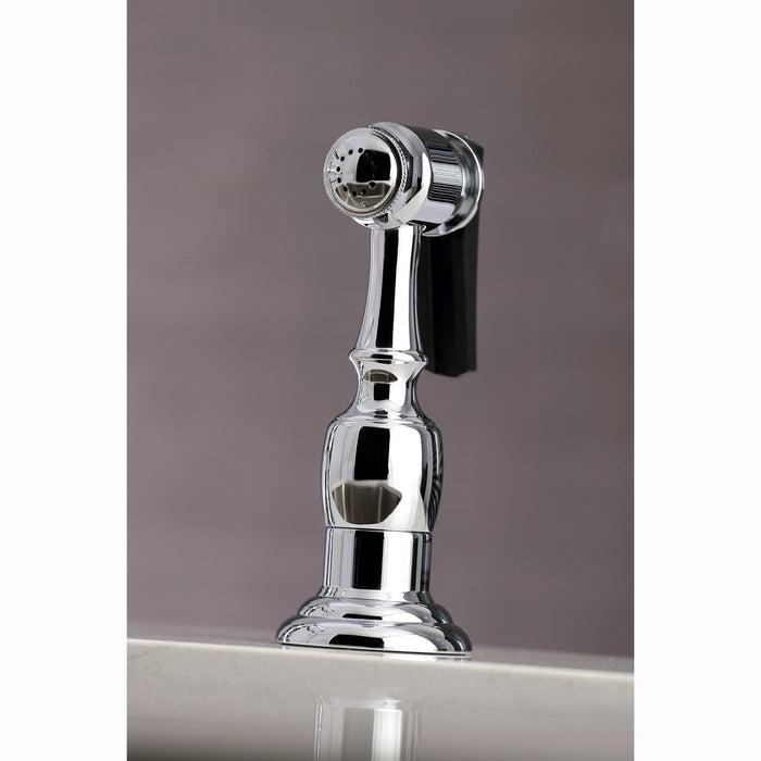 Kingston Heirloom KS3271AXBS - Restoration Two-Handle 4-Hole Deck Mount Bridge Kitchen Faucet with Brass Sprayer, Polished Chrome