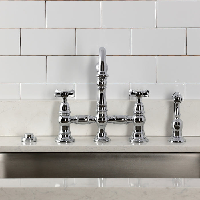 Kingston Heirloom KS3271BEXBS - Essex Two-Handle 4-Hole Deck Mount Bridge Kitchen Faucet with Brass Sprayer, Polished Chrome
