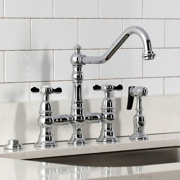 Kingston Heirloom KS3271BEXBS - Essex Two-Handle 4-Hole Deck Mount Bridge Kitchen Faucet with Brass Sprayer, Polished Chrome
