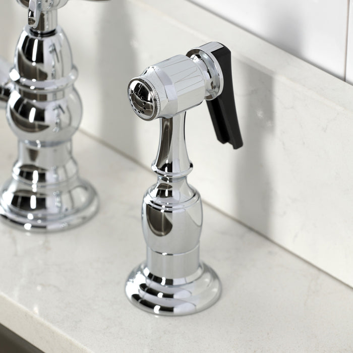 Kingston Heirloom KS3271BEXBS - Essex Two-Handle 4-Hole Deck Mount Bridge Kitchen Faucet with Brass Sprayer, Polished Chrome
