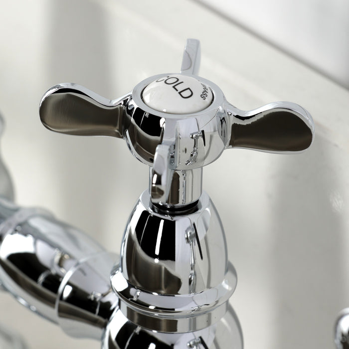 Kingston Heirloom KS3271BEXBS - Essex Two-Handle 4-Hole Deck Mount Bridge Kitchen Faucet with Brass Sprayer, Polished Chrome