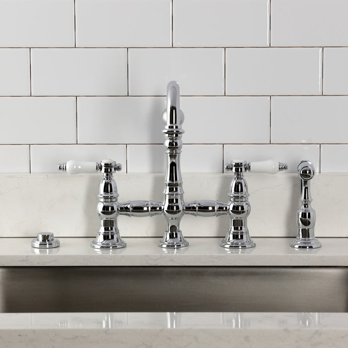 Kingston Heirloom KS3271BPLBS - Bel-Air Two-Handle 4-Hole Deck Mount Bridge Kitchen Faucet with Brass Sprayer, Polished Chrome