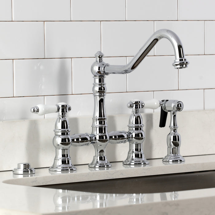 Kingston Heirloom KS3271BPLBS - Bel-Air Two-Handle 4-Hole Deck Mount Bridge Kitchen Faucet with Brass Sprayer, Polished Chrome