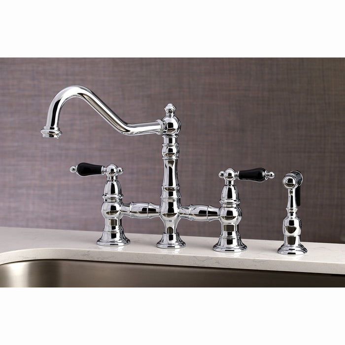 Kingston Heirloom KS3271PKLBS - Duchess Two-Handle 4-Hole Deck Mount Bridge Kitchen Faucet with Brass Sprayer, Polished Chrome