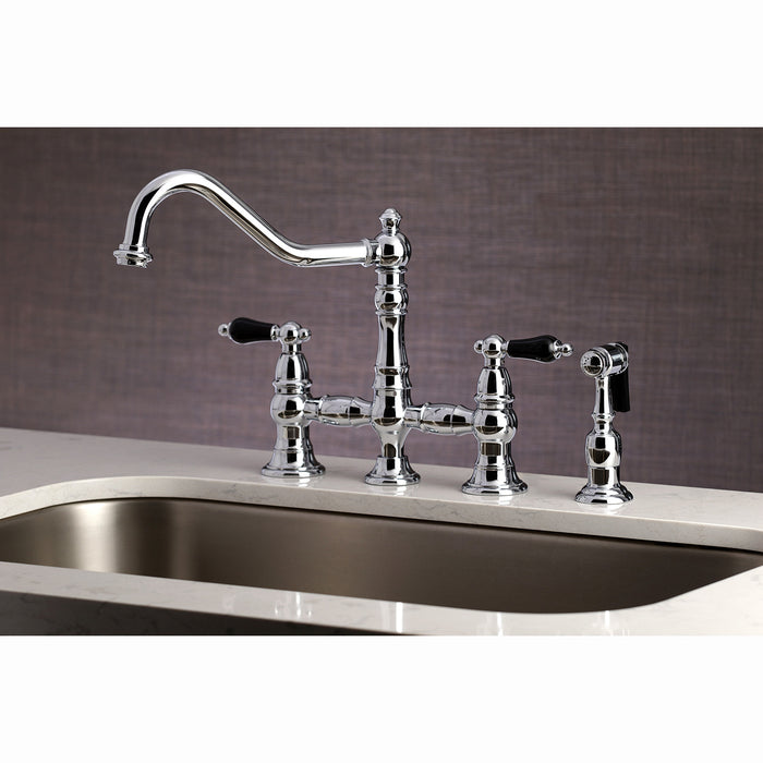 Kingston Heirloom KS3271PKLBS - Duchess Two-Handle 4-Hole Deck Mount Bridge Kitchen Faucet with Brass Sprayer, Polished Chrome