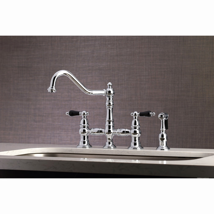 Kingston Heirloom KS3271PKLBS - Duchess Two-Handle 4-Hole Deck Mount Bridge Kitchen Faucet with Brass Sprayer, Polished Chrome