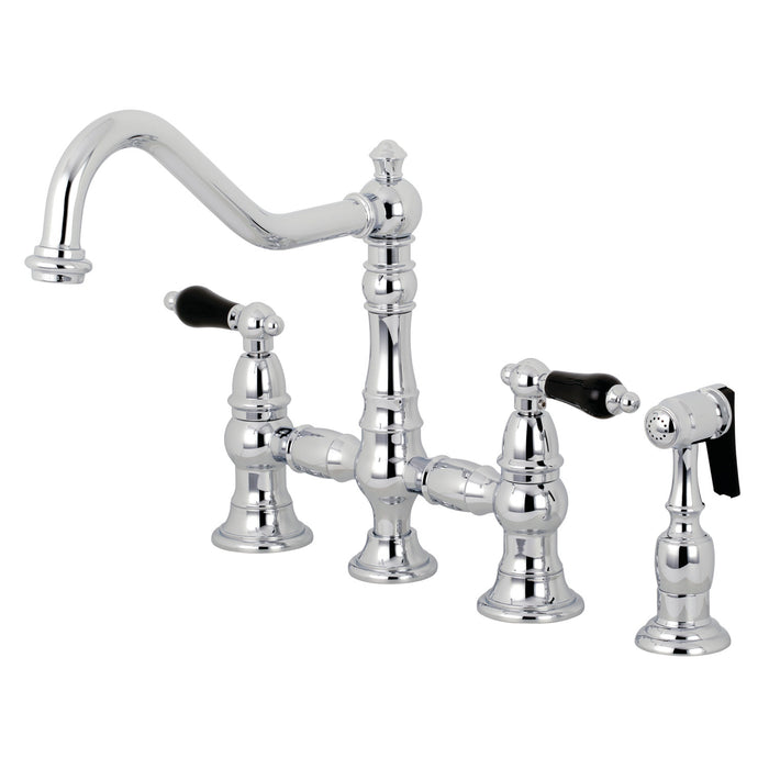 Kingston Heirloom KS3271PKLBS - Duchess Two-Handle 4-Hole Deck Mount Bridge Kitchen Faucet with Brass Sprayer, Polished Chrome