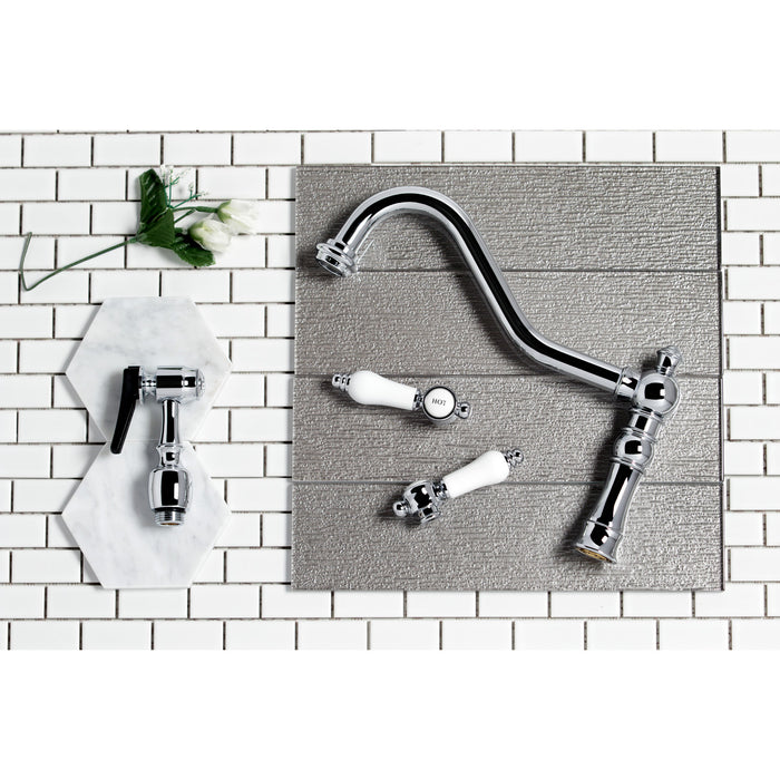 Kingston Heirloom KS3271PLBS - Restoration Two-Handle 4-Hole Deck Mount Bridge Kitchen Faucet with Brass Sprayer, Polished Chrome