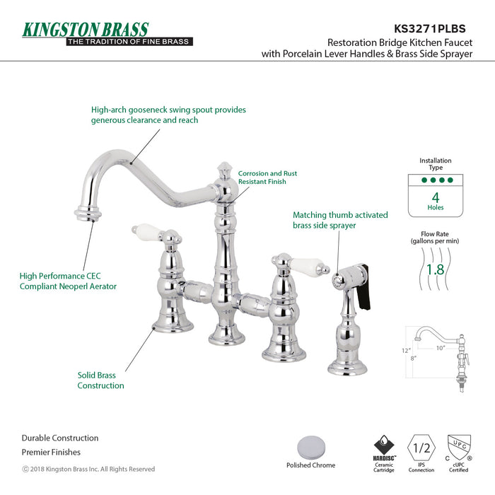 Kingston Heirloom KS3271PLBS - Restoration Two-Handle 4-Hole Deck Mount Bridge Kitchen Faucet with Brass Sprayer, Polished Chrome