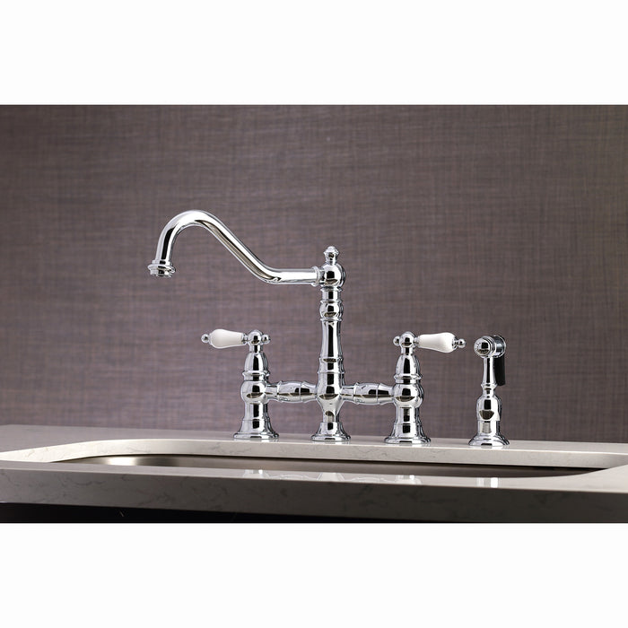 Kingston Heirloom KS3271PLBS - Restoration Two-Handle 4-Hole Deck Mount Bridge Kitchen Faucet with Brass Sprayer, Polished Chrome