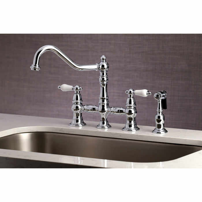 Kingston Heirloom KS3271PLBS - Restoration Two-Handle 4-Hole Deck Mount Bridge Kitchen Faucet with Brass Sprayer, Polished Chrome