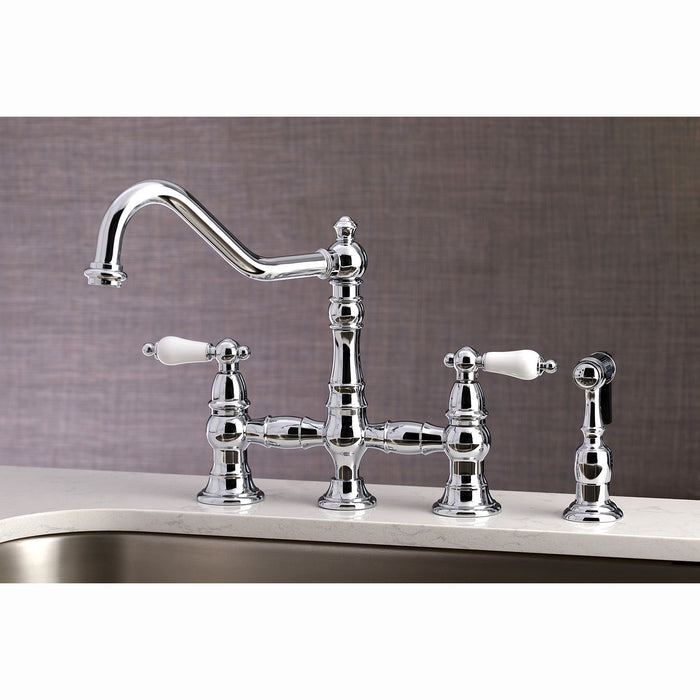 Kingston Heirloom KS3271PLBS - Restoration Two-Handle 4-Hole Deck Mount Bridge Kitchen Faucet with Brass Sprayer, Polished Chrome