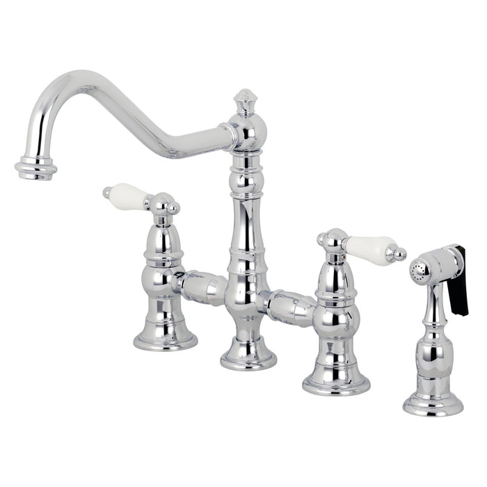 Kingston Heirloom KS3271PLBS - Restoration Two-Handle 4-Hole Deck Mount Bridge Kitchen Faucet with Brass Sprayer, Polished Chrome