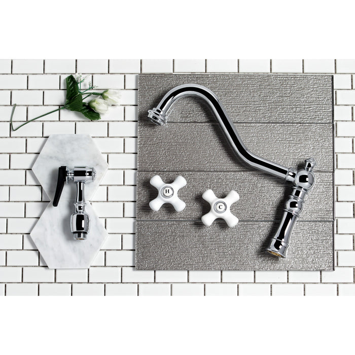 Kingston Heirloom KS3271PXBS - Restoration Two-Handle 4-Hole Deck Mount Bridge Kitchen Faucet with Brass Sprayer, Polished Chrome
