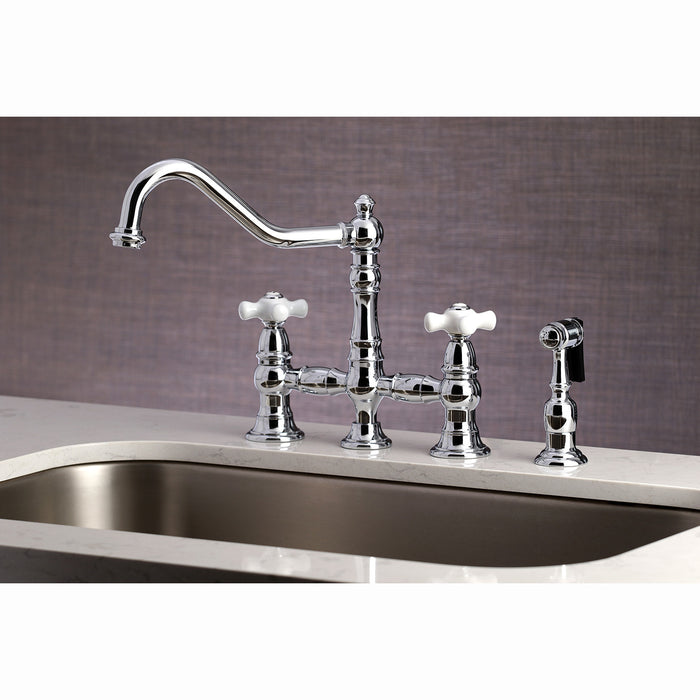Kingston Heirloom KS3271PXBS - Restoration Two-Handle 4-Hole Deck Mount Bridge Kitchen Faucet with Brass Sprayer, Polished Chrome