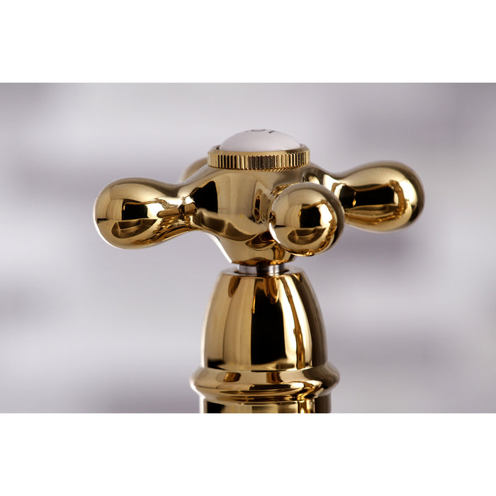 Kingston Heirloom KS3272AXBS - Restoration Two-Handle 4-Hole Deck Mount Bridge Kitchen Faucet with Brass Sprayer, Polished Brass