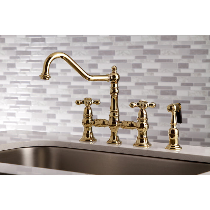 Kingston Heirloom KS3272AXBS - Restoration Two-Handle 4-Hole Deck Mount Bridge Kitchen Faucet with Brass Sprayer, Polished Brass