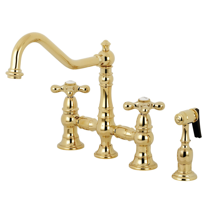 Kingston Heirloom KS3272AXBS - Restoration Two-Handle 4-Hole Deck Mount Bridge Kitchen Faucet with Brass Sprayer, Polished Brass