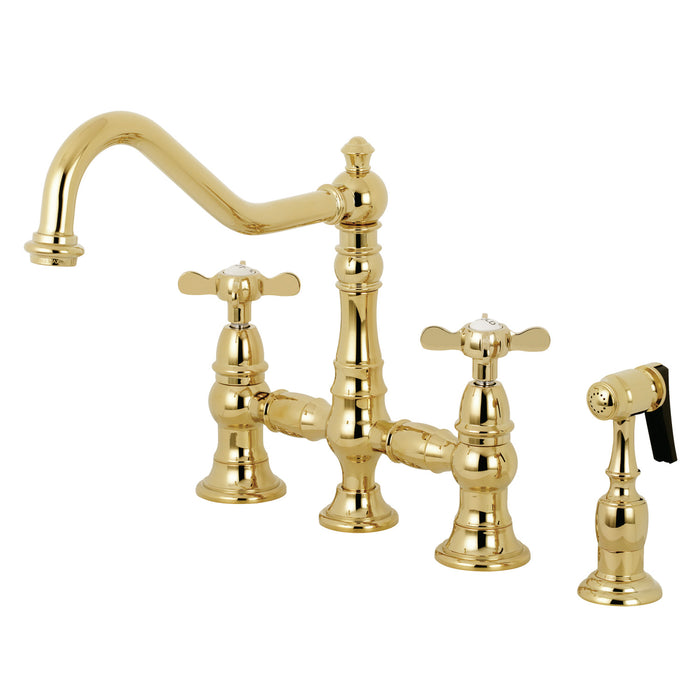 Kingston Heirloom KS3272BEXBS - Essex Two-Handle 4-Hole Deck Mount Bridge Kitchen Faucet with Brass Sprayer, Polished Brass