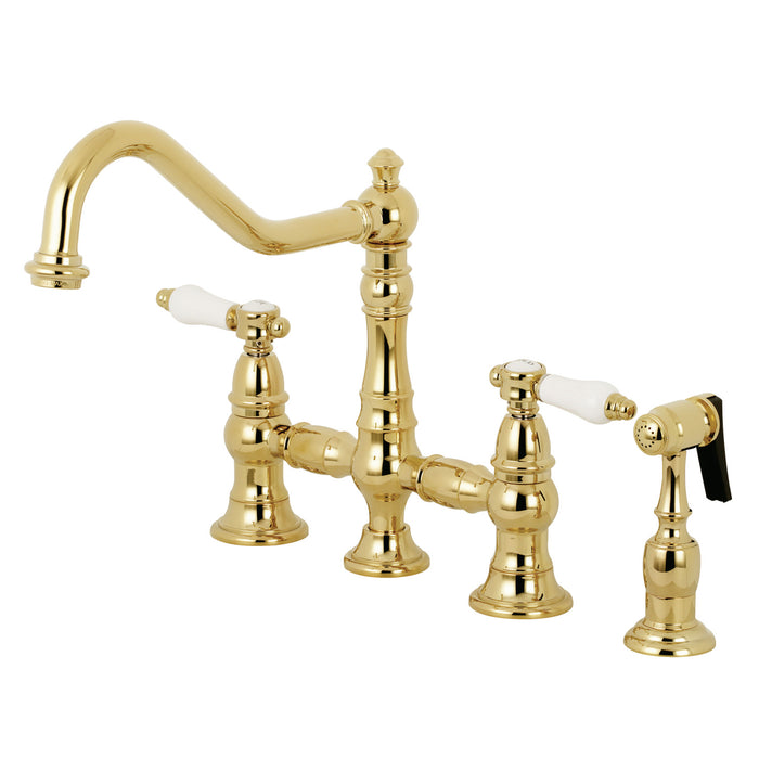 Kingston Heirloom KS3272BPLBS - Bel-Air Two-Handle 4-Hole Deck Mount Bridge Kitchen Faucet with Brass Sprayer, Polished Brass