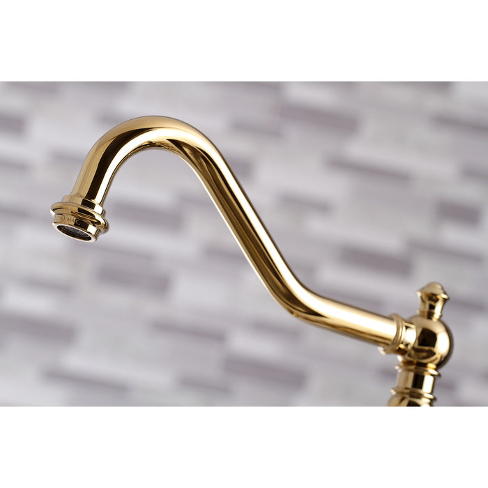 Kingston Heirloom KS3272PKLBS - Duchess Two-Handle 4-Hole Deck Mount Bridge Kitchen Faucet with Brass Sprayer, Polished Brass