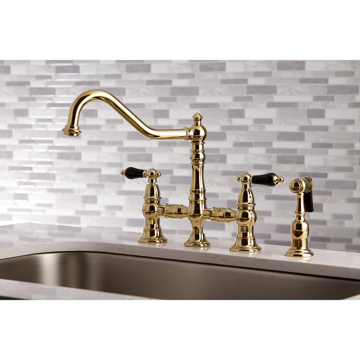 Kingston Heirloom KS3272PKLBS - Duchess Two-Handle 4-Hole Deck Mount Bridge Kitchen Faucet with Brass Sprayer, Polished Brass