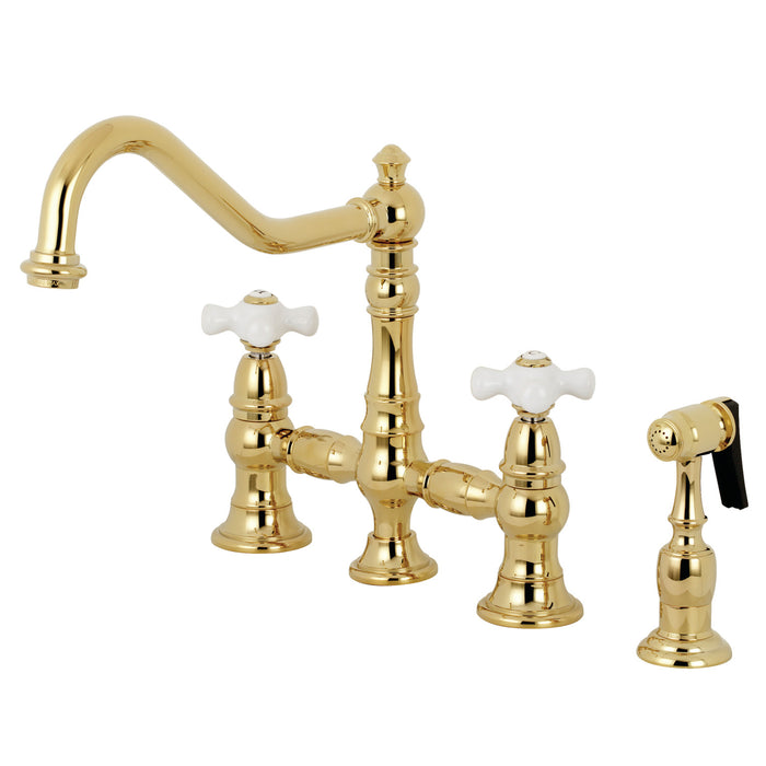 Kingston Heirloom KS3272PXBS - Restoration Two-Handle 4-Hole Deck Mount Bridge Kitchen Faucet with Brass Sprayer, Polished Brass