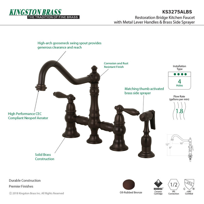 Kingston Heirloom KS3275ALBS - Restoration Two-Handle 4-Hole Deck Mount Bridge Kitchen Faucet with Brass Sprayer, Oil Rubbed Bronze