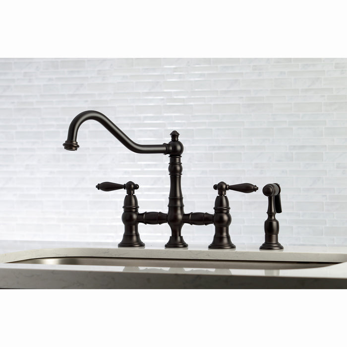 Kingston Heirloom KS3275ALBS - Restoration Two-Handle 4-Hole Deck Mount Bridge Kitchen Faucet with Brass Sprayer, Oil Rubbed Bronze