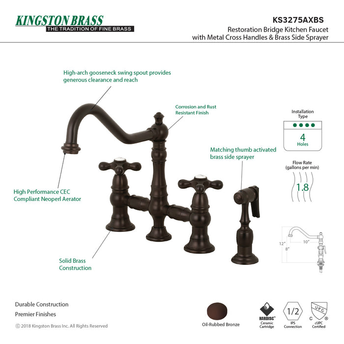 Kingston Heirloom KS3275AXBS - Restoration Two-Handle 4-Hole Deck Mount Bridge Kitchen Faucet with Brass Sprayer, Oil Rubbed Bronze