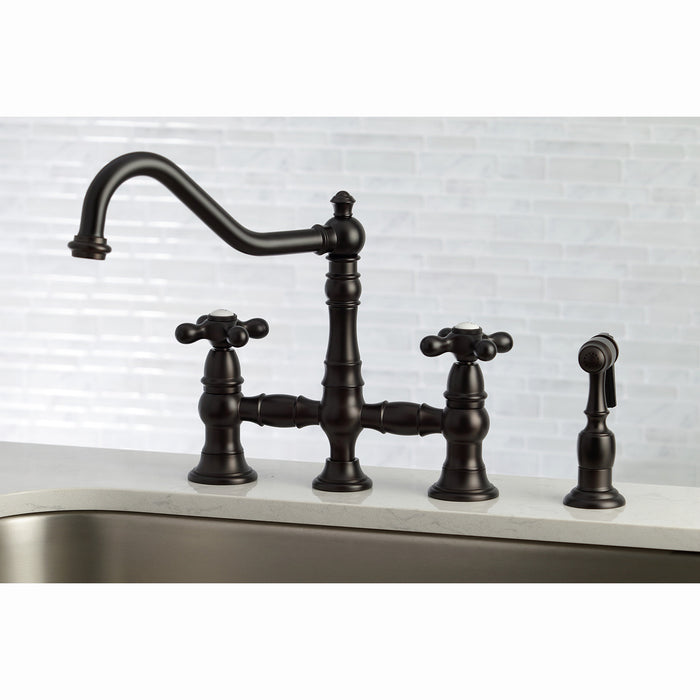 Kingston Heirloom KS3275AXBS - Restoration Two-Handle 4-Hole Deck Mount Bridge Kitchen Faucet with Brass Sprayer, Oil Rubbed Bronze