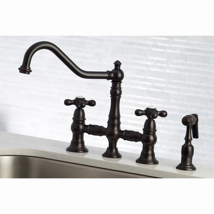 Kingston Heirloom KS3275AXBS - Restoration Two-Handle 4-Hole Deck Mount Bridge Kitchen Faucet with Brass Sprayer, Oil Rubbed Bronze
