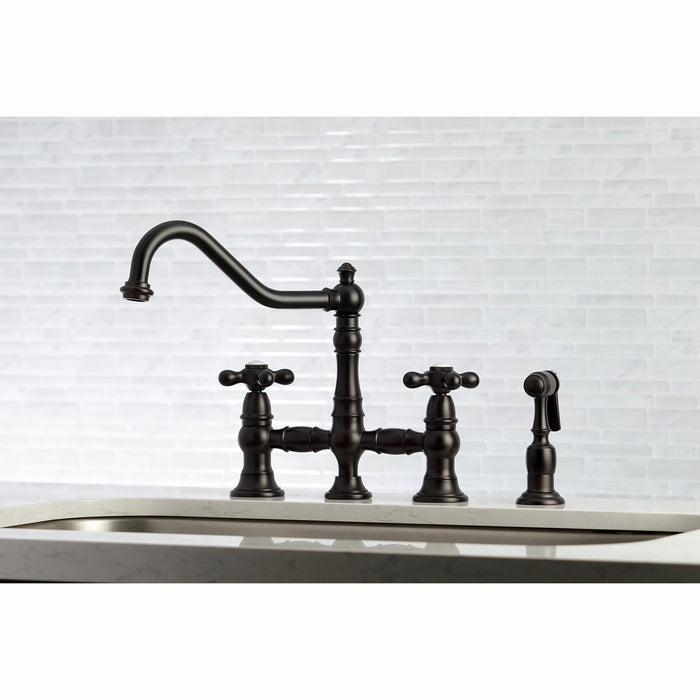 Kingston Heirloom KS3275AXBS - Restoration Two-Handle 4-Hole Deck Mount Bridge Kitchen Faucet with Brass Sprayer, Oil Rubbed Bronze