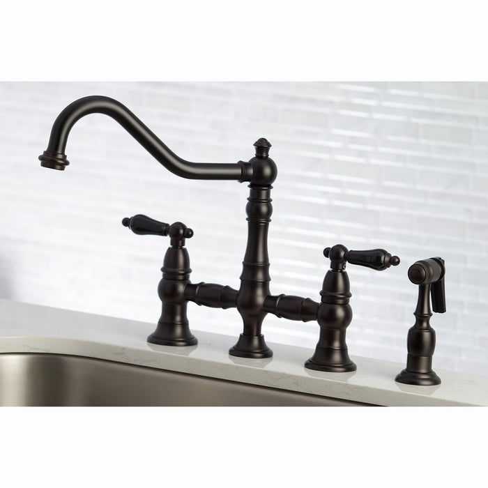 Kingston Heirloom KS3275PKLBS - Duchess Two-Handle 4-Hole Deck Mount Bridge Kitchen Faucet with Brass Sprayer, Oil Rubbed Bronze