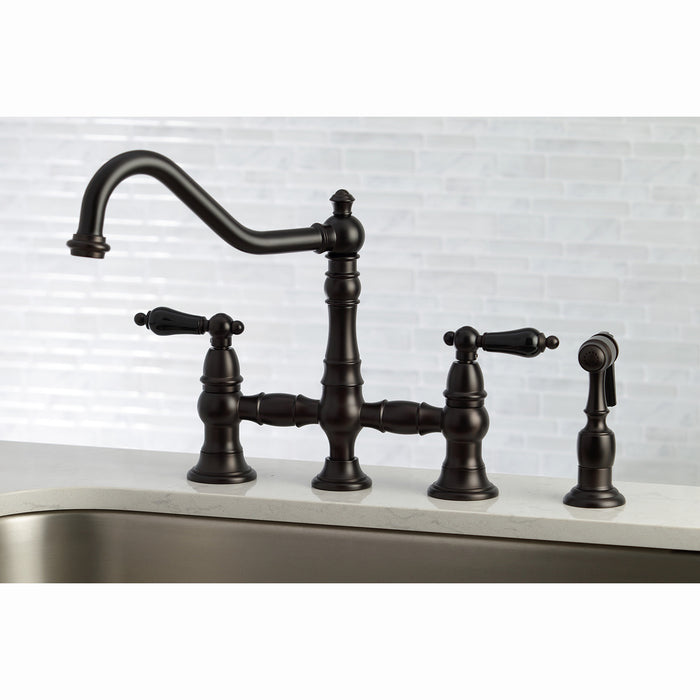 Kingston Heirloom KS3275PKLBS - Duchess Two-Handle 4-Hole Deck Mount Bridge Kitchen Faucet with Brass Sprayer, Oil Rubbed Bronze