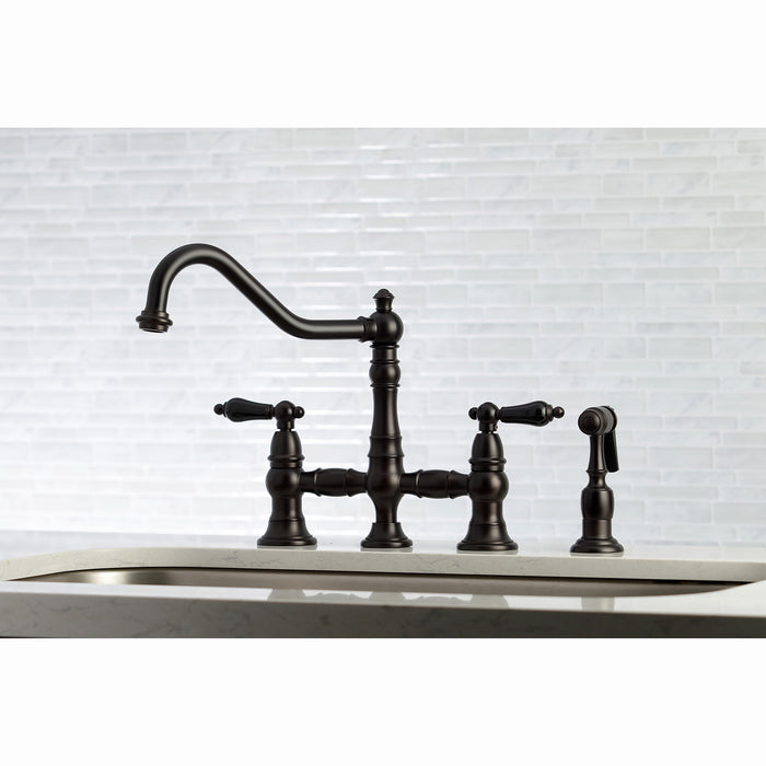 Kingston Heirloom KS3275PKLBS - Duchess Two-Handle 4-Hole Deck Mount Bridge Kitchen Faucet with Brass Sprayer, Oil Rubbed Bronze