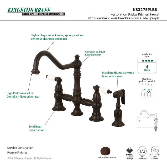 Kingston Heirloom KS3275PLBS - Restoration Two-Handle 4-Hole Deck Mount Bridge Kitchen Faucet with Brass Sprayer, Oil Rubbed Bronze