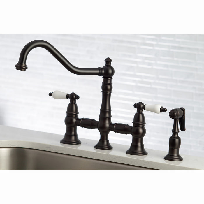 Kingston Heirloom KS3275PLBS - Restoration Two-Handle 4-Hole Deck Mount Bridge Kitchen Faucet with Brass Sprayer, Oil Rubbed Bronze