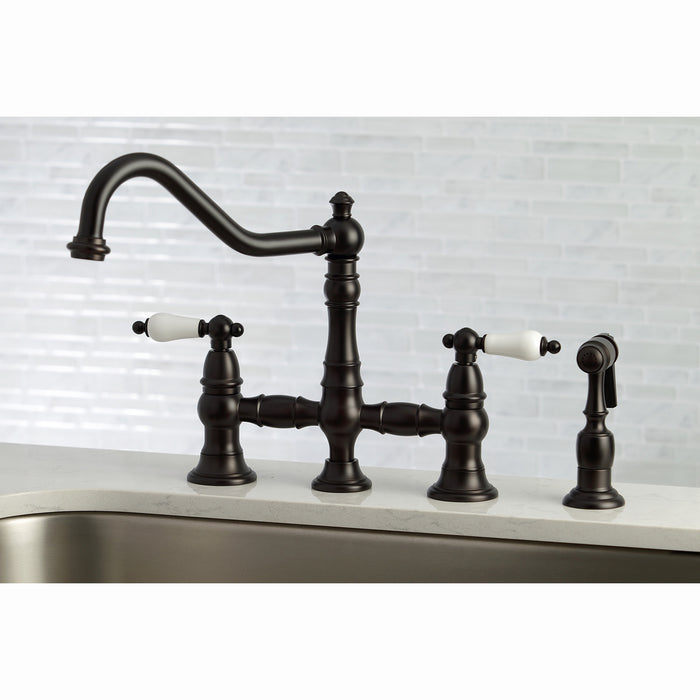 Kingston Heirloom KS3275PLBS - Restoration Two-Handle 4-Hole Deck Mount Bridge Kitchen Faucet with Brass Sprayer, Oil Rubbed Bronze