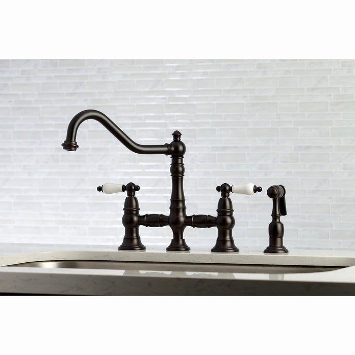 Kingston Heirloom KS3275PLBS - Restoration Two-Handle 4-Hole Deck Mount Bridge Kitchen Faucet with Brass Sprayer, Oil Rubbed Bronze