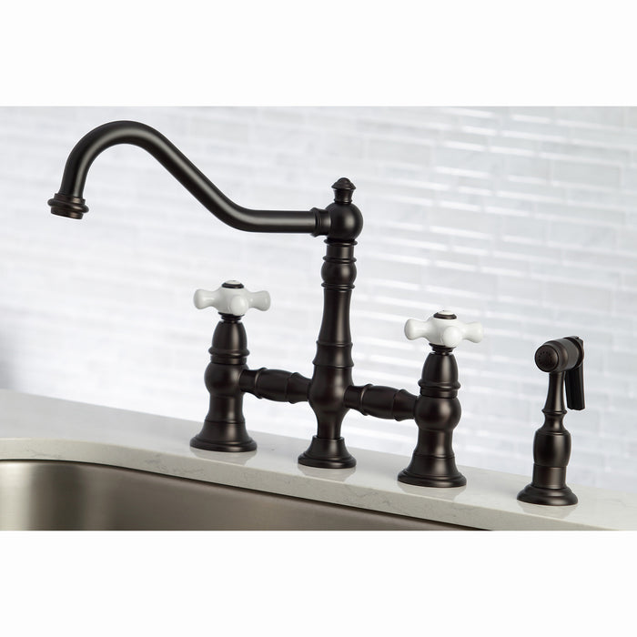 Kingston Heirloom KS3275PXBS - Restoration Two-Handle 4-Hole Deck Mount Bridge Kitchen Faucet with Brass Sprayer, Oil Rubbed Bronze