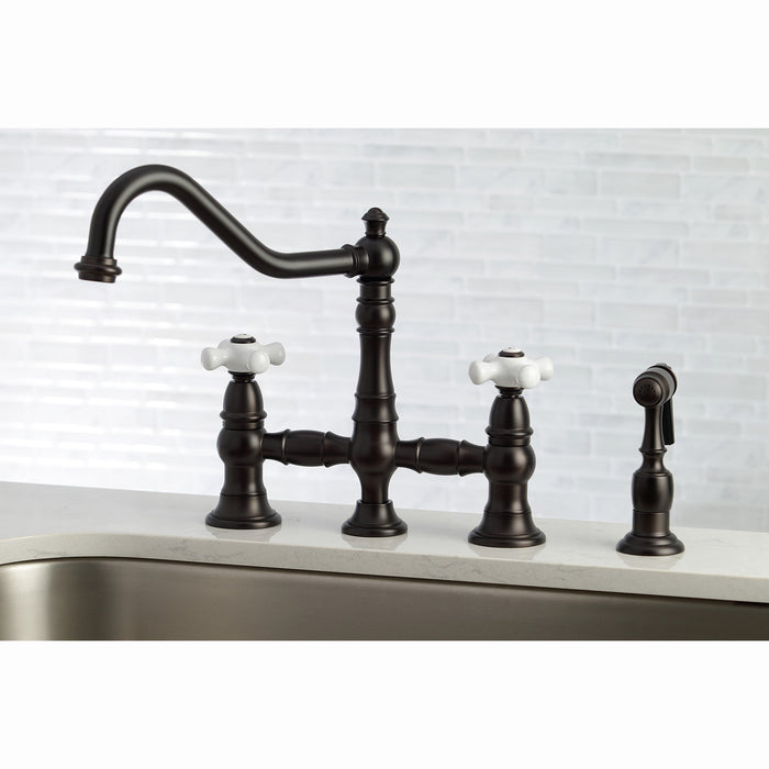 Kingston Heirloom KS3275PXBS - Restoration Two-Handle 4-Hole Deck Mount Bridge Kitchen Faucet with Brass Sprayer, Oil Rubbed Bronze